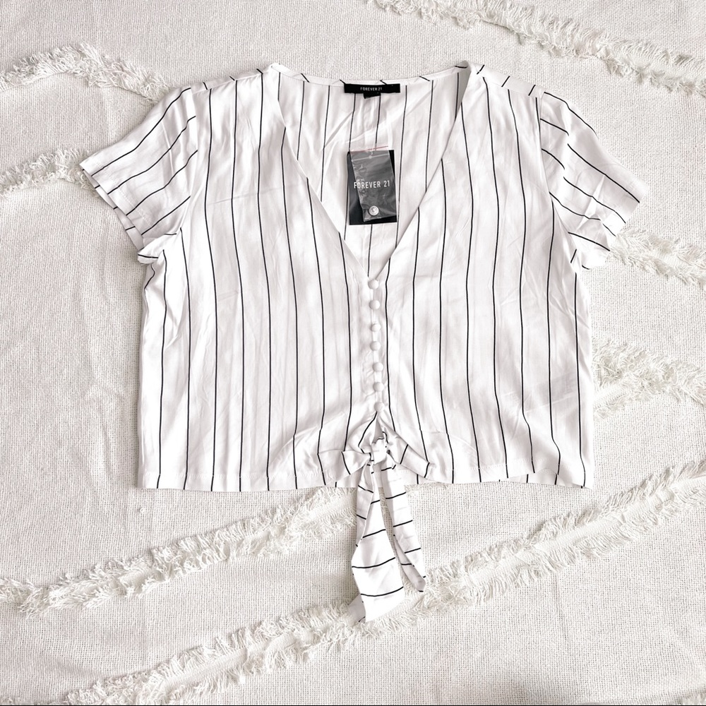 White cropped pinstripe button down short sleeve top